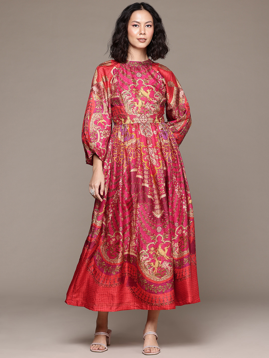 Ritu Kumar Floral Print Puff Sleeve Silk Fit & Flare Midi Dress