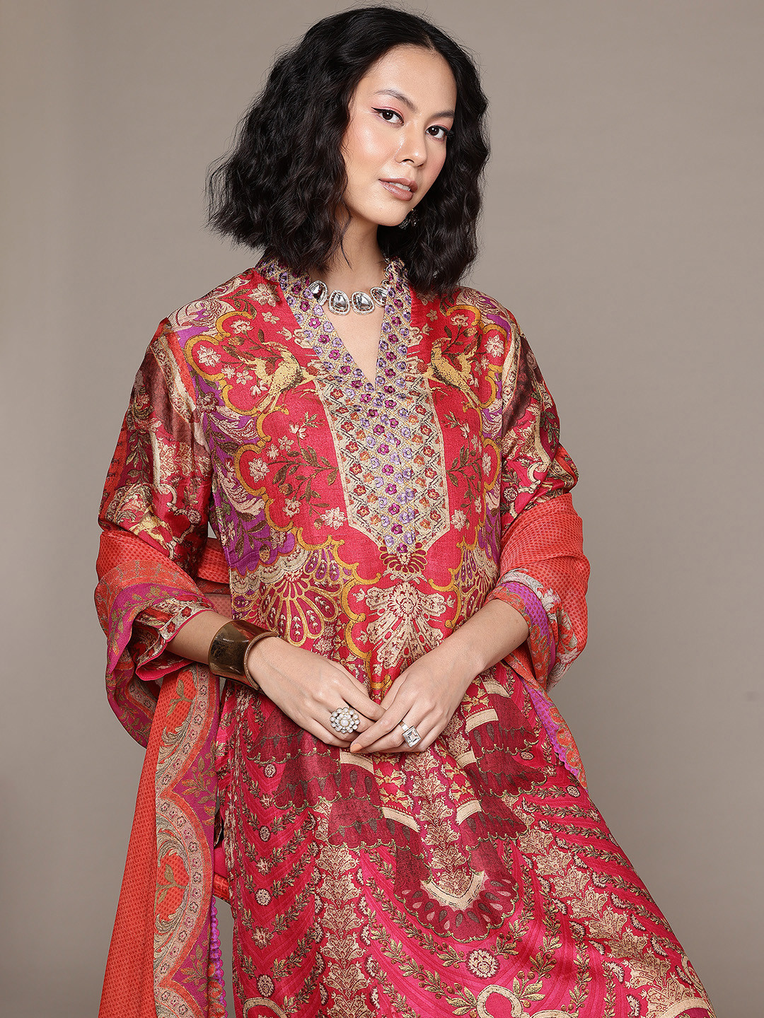 Ritu Kumar Floral Printed Sequinned Pure Silk Kurta With Palazzos & Dupatta