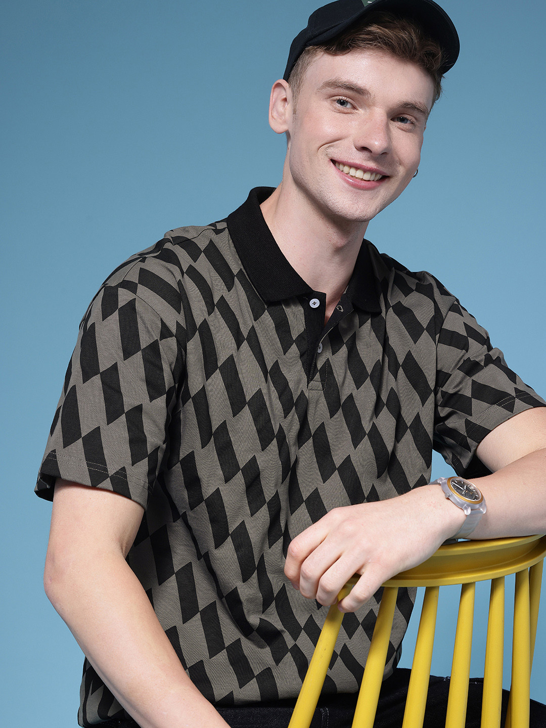 HERE&NOW Polo Collar Geometric Printed Pure Cotton T-shirt