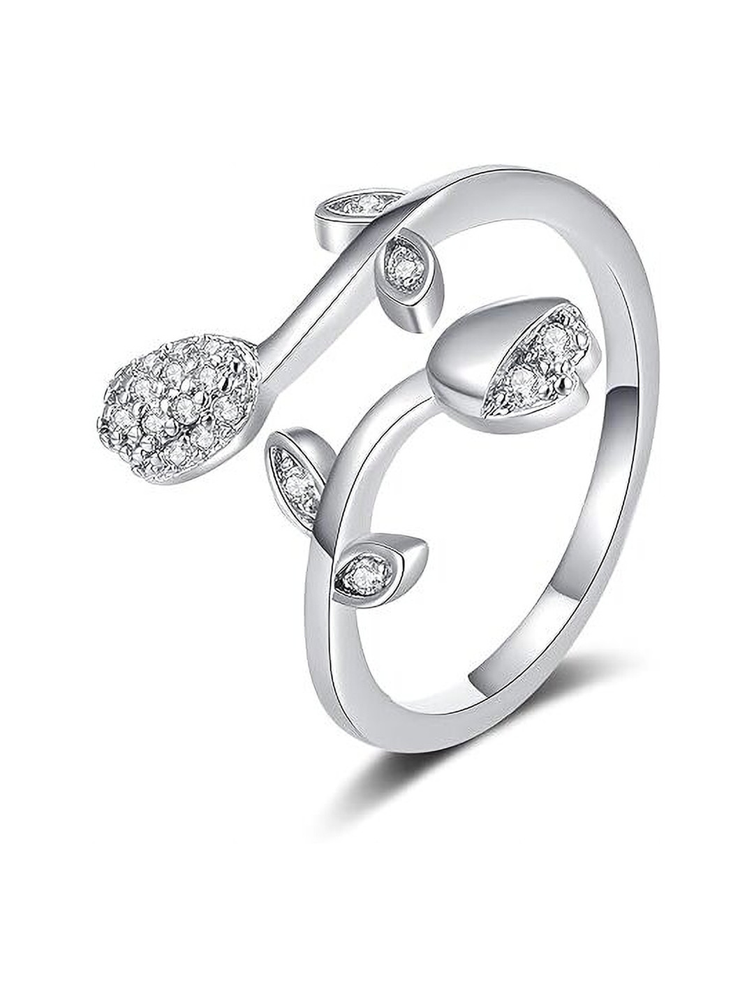 Lila Unisex Silver-Plated Stainless Steel CZ-Studded Leaves Design Adjustable Finger Ring