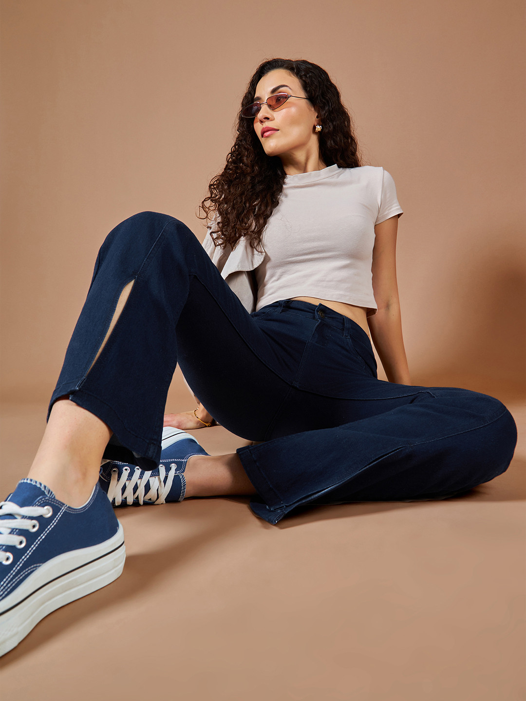 The Roadster Lifestyle Co. Women Cotton Nocturne Gleam Slitted Bootcut Jeans