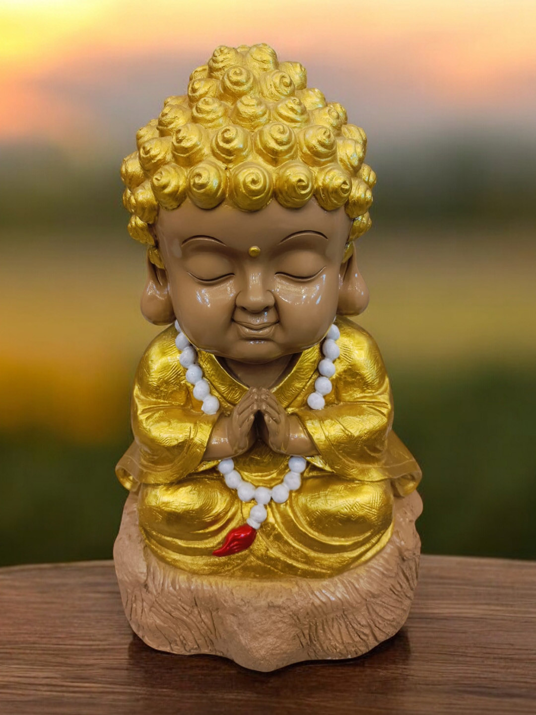 SANKALAN CREATIONS Smiling Monk Gold Polyresin Matte Living Room Large Showpiece -