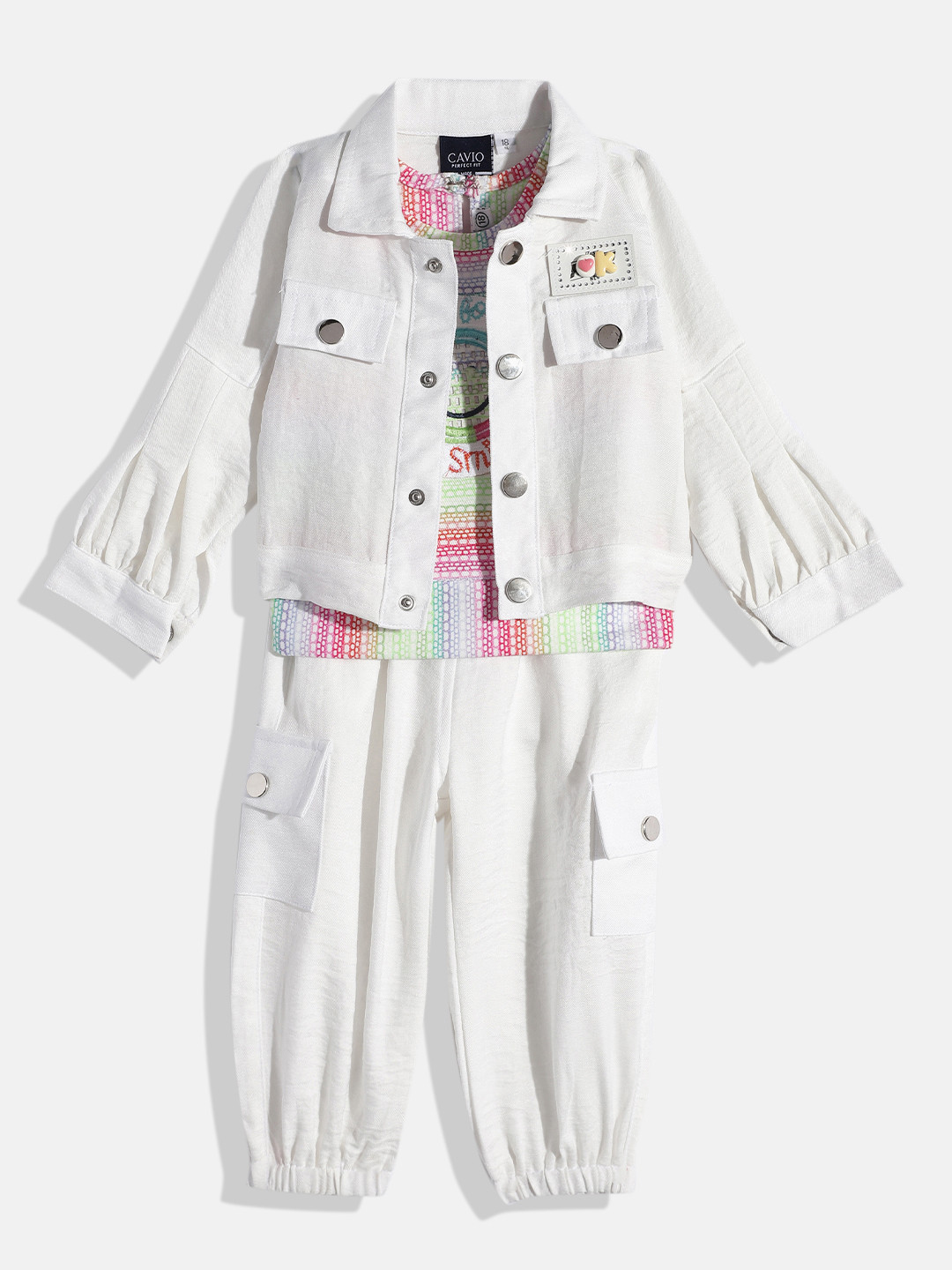 CAVIO Girls Striped T-shirt and Shacket with Cargo Trousers Clothing Set