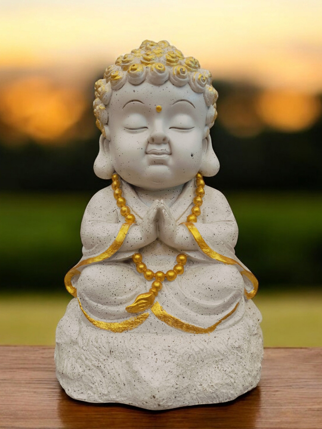 SANKALAN CREATIONS Beautiful Smiling Monk Gold Polyresin Matte Living Room Medium Showpiece -