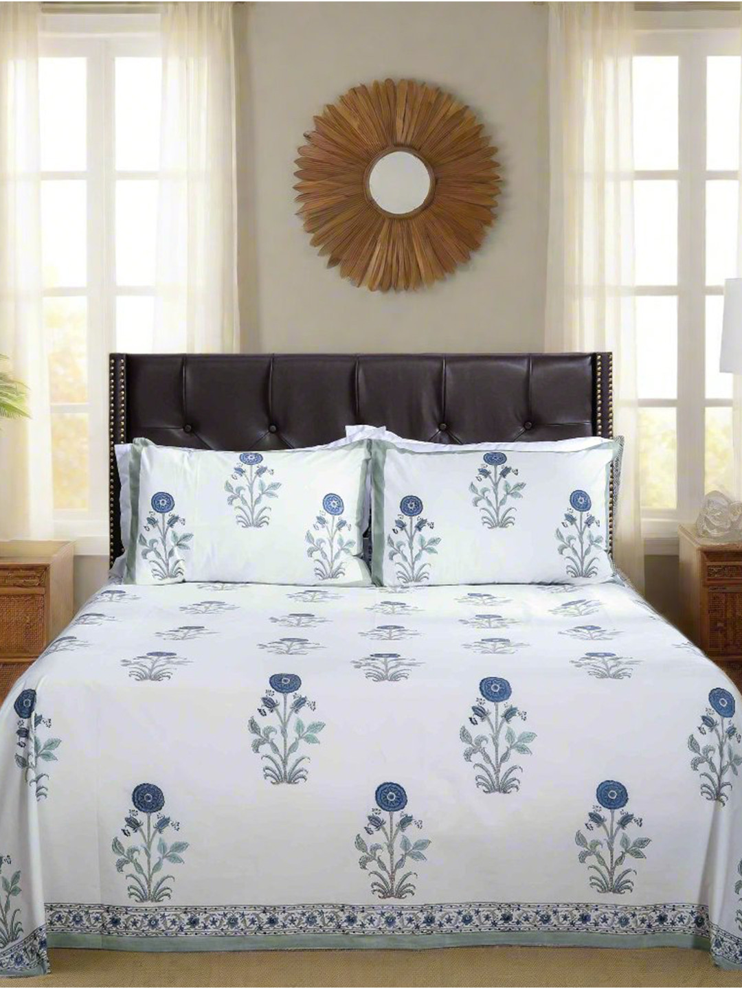 SHAHENAZ Camphor Blue Floral Cotton 220 TC Queen Fine Bedsheet with 2 Pillow Covers-20 x 28 inches