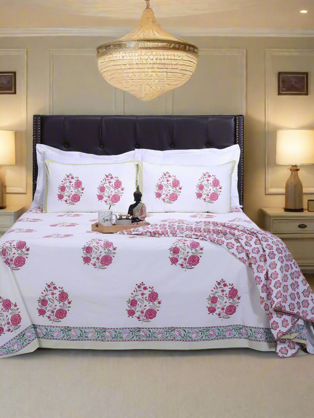 SHAHENAZ Gulnaz Pink Floral Cotton 220 TC Queen Fine Bedsheet with 2 Pillow Covers-20 x 28 inches