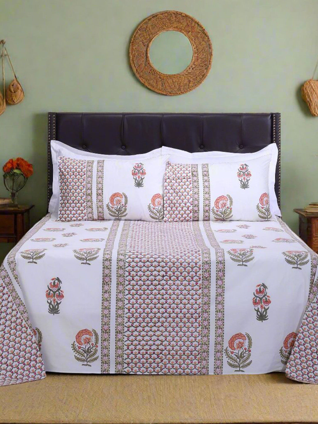 SHAHENAZ Ruby Olive Floral Cotton 220 TC Queen Fine Bedsheet with 2 Pillow Covers-20 x 28 inches