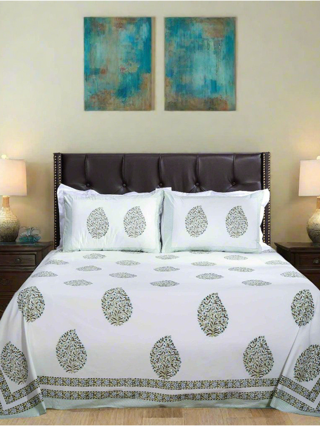 SHAHENAZ Rahat Olive Floral Cotton 220 TC Queen Fine Bedsheet with 2 Pillow Covers-106 x 89 inches