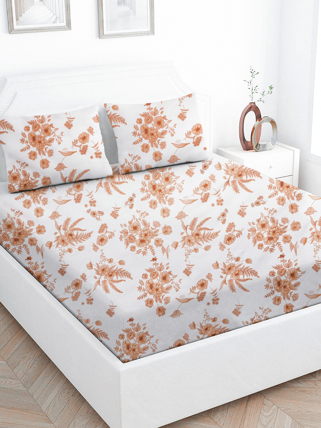 Star Weaves Coral Floral Polycotton Skin-Friendly 200 TC King Fine Bedsheet with 2 Pillow Covers-89 x 100 inches