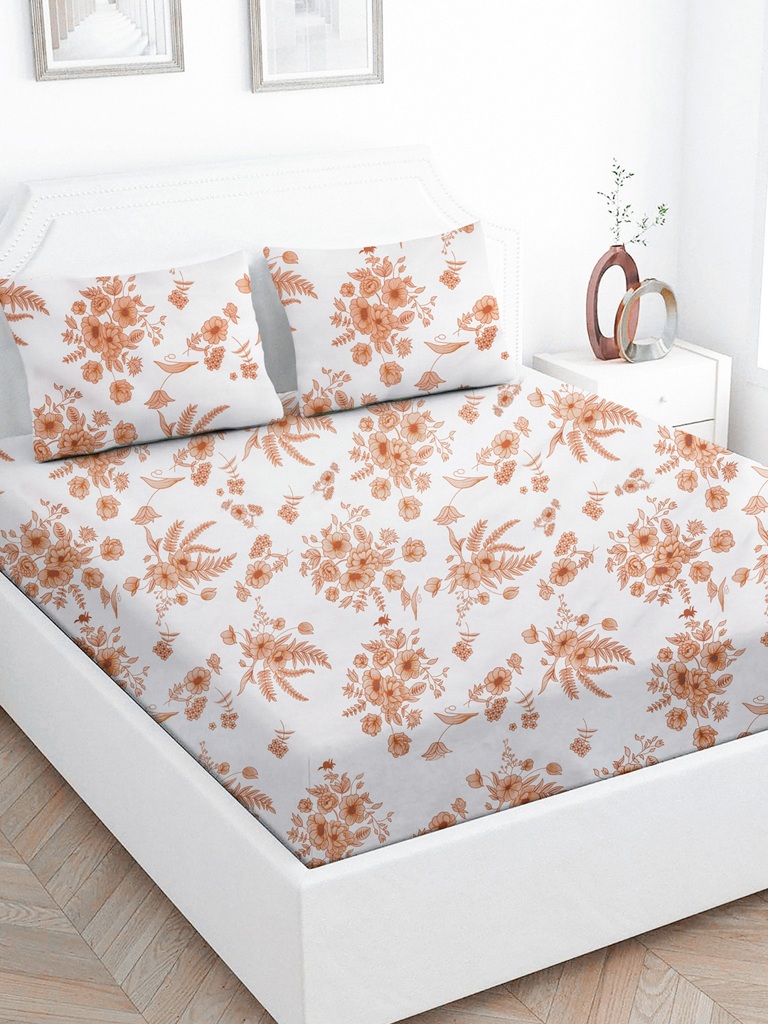 Star Weaves Coral Floral Polycotton 200 TC King Fine Bedsheet with 2 Pillow Covers-90 x 108 inches