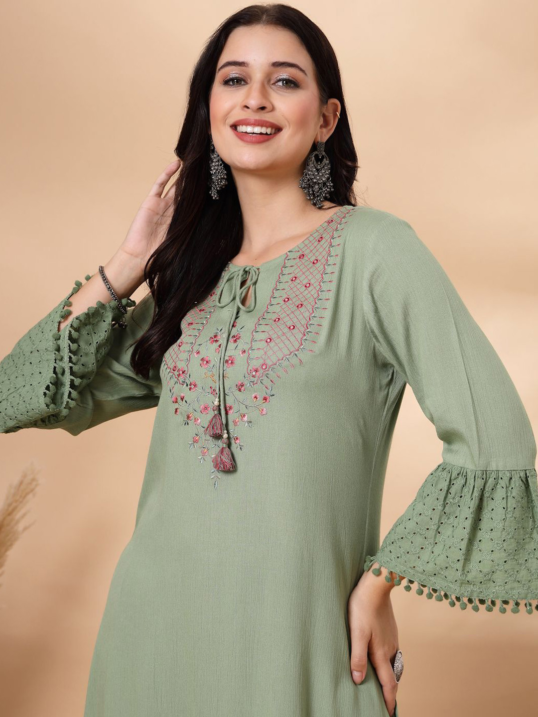 Nayam By Lakshita Solid Ethnic Motifs Embroidered Mirror Work Kurta with Trouser Set
