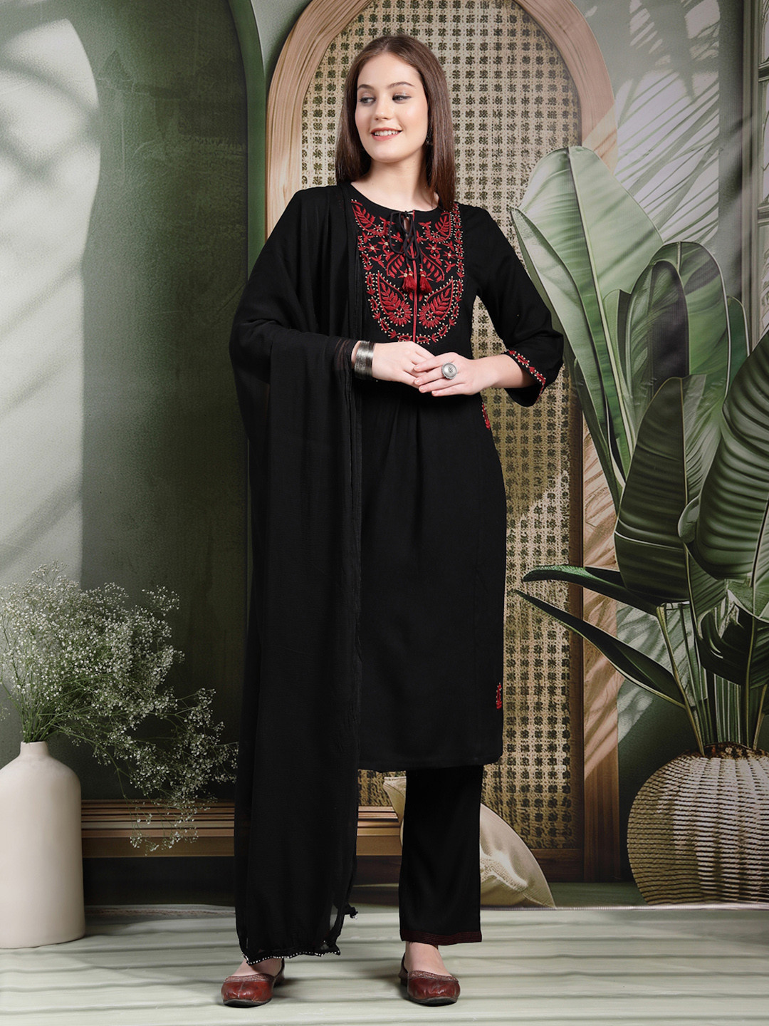 Nayam By Lakshita Ethnic Motif Embroidered Thread Work A-Line Kurta With Trouser & Dupatta Set