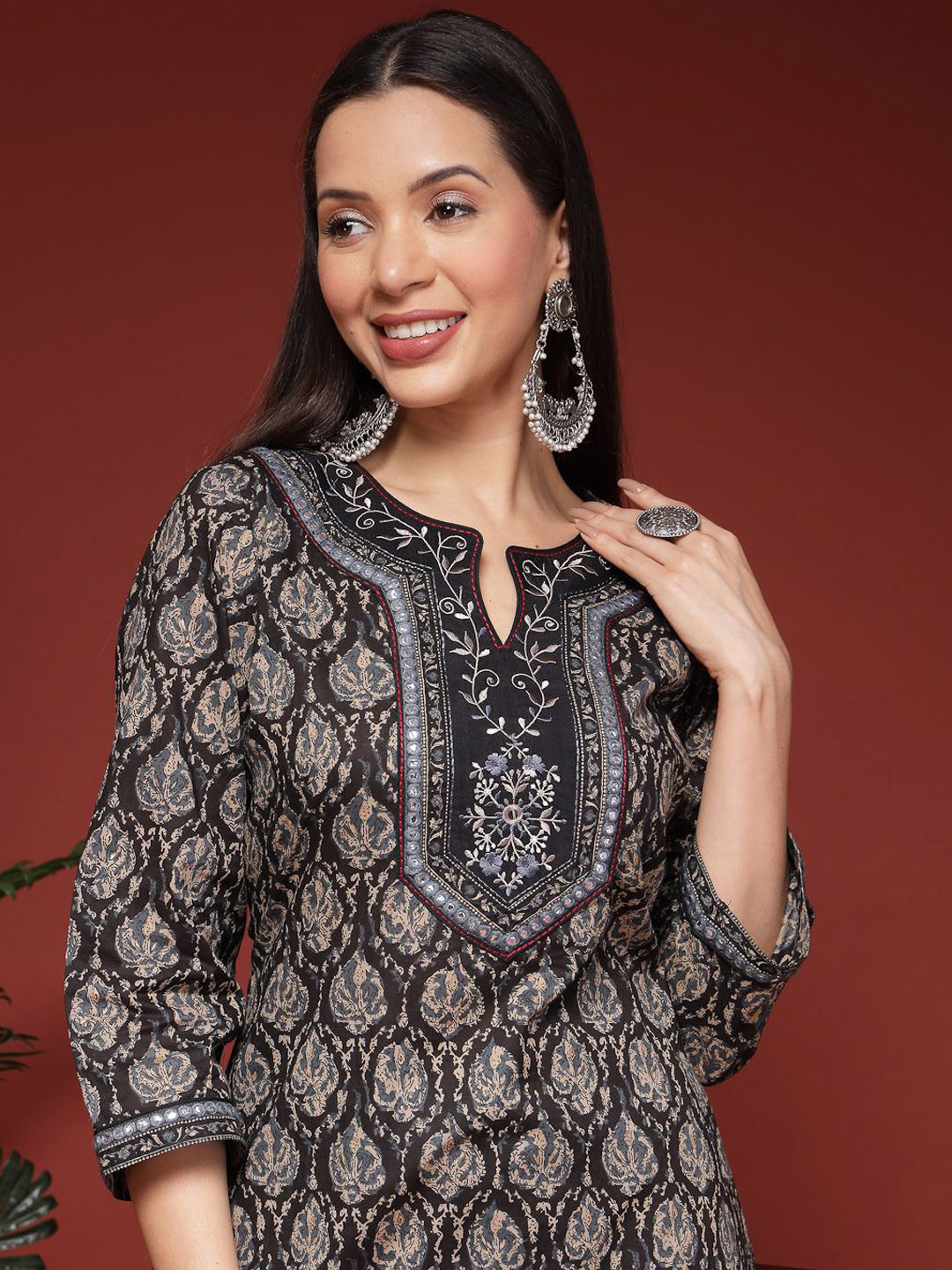Nayam By Lakshita Ethnic Motifs Printed Mirror Work Kurta with Palazzo Cotton Set