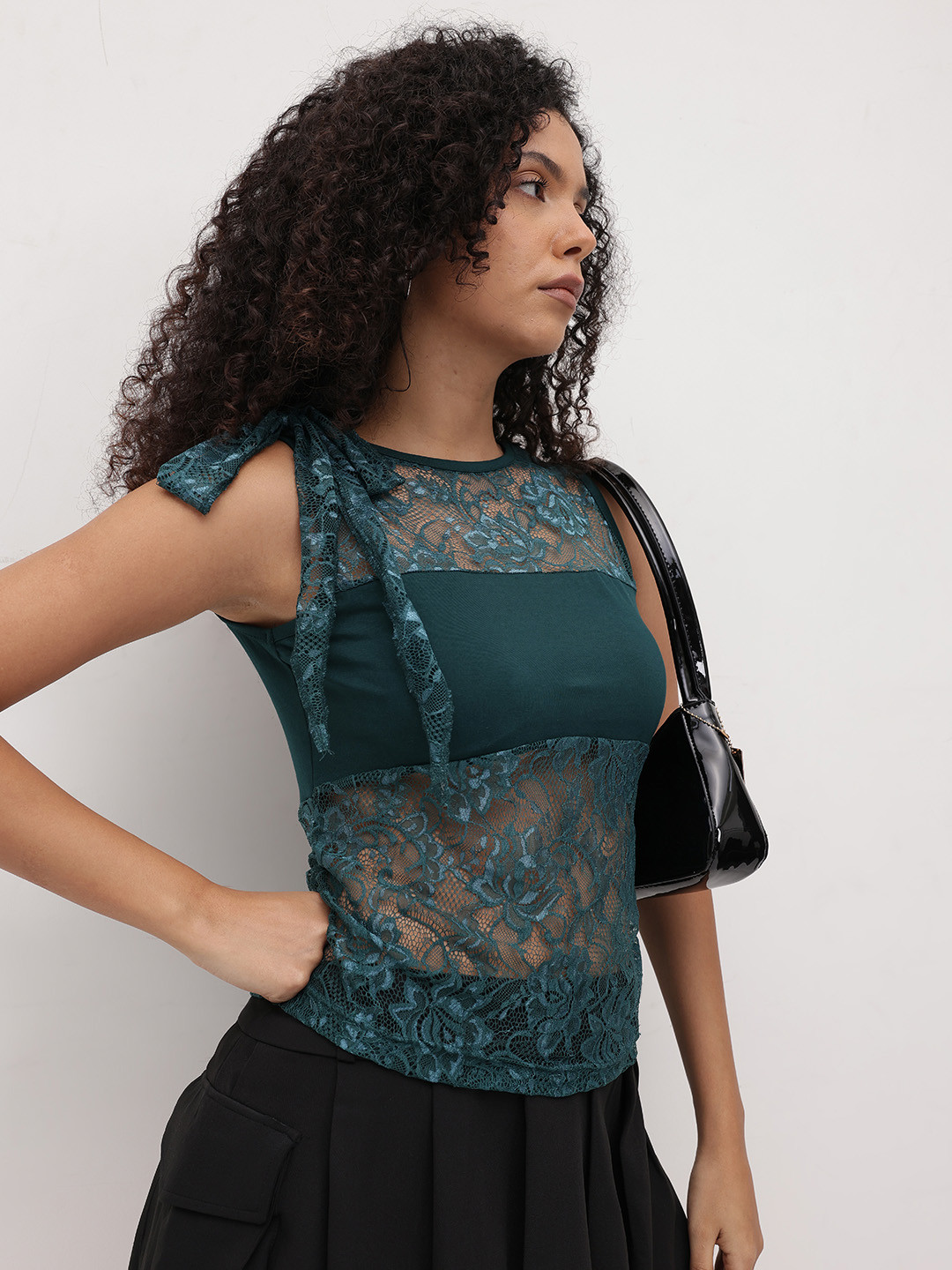 The Roadster Life Co. Floral Self-Design Bow-Detail Ruched Effect Semi-Sheer Lace Top