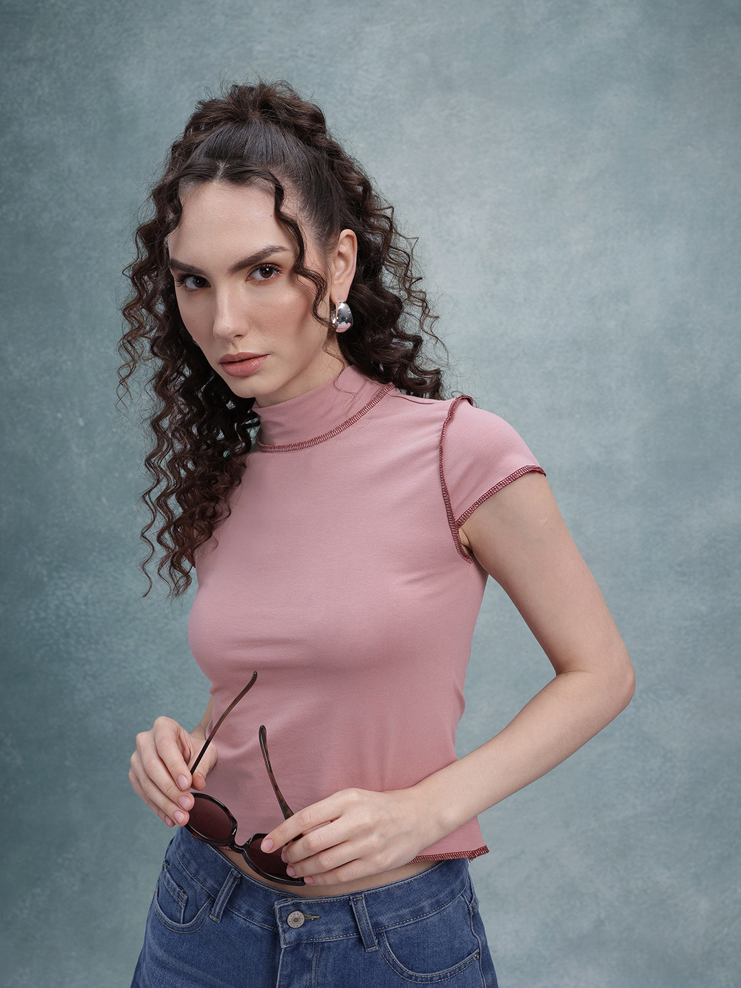 The Roadster Life Co. High Neck Cap Sleeves Fitted Top with Contrast Stitches