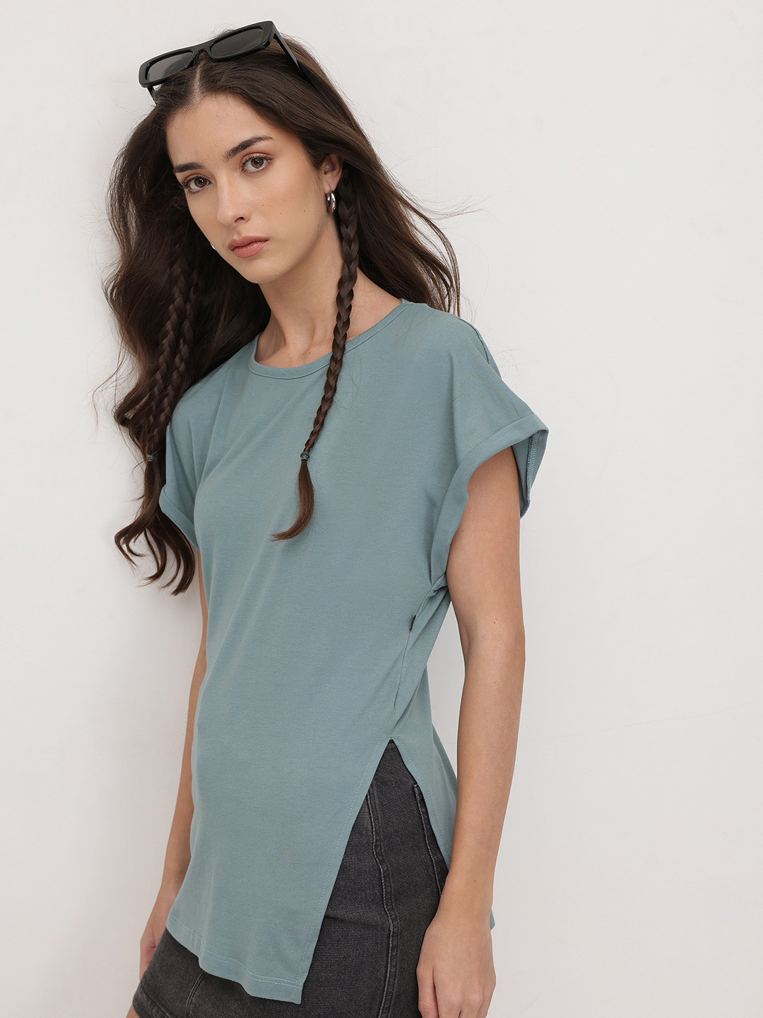 The Roadster Life Co. Round Neck Extended Sleeves Top with Side Slit