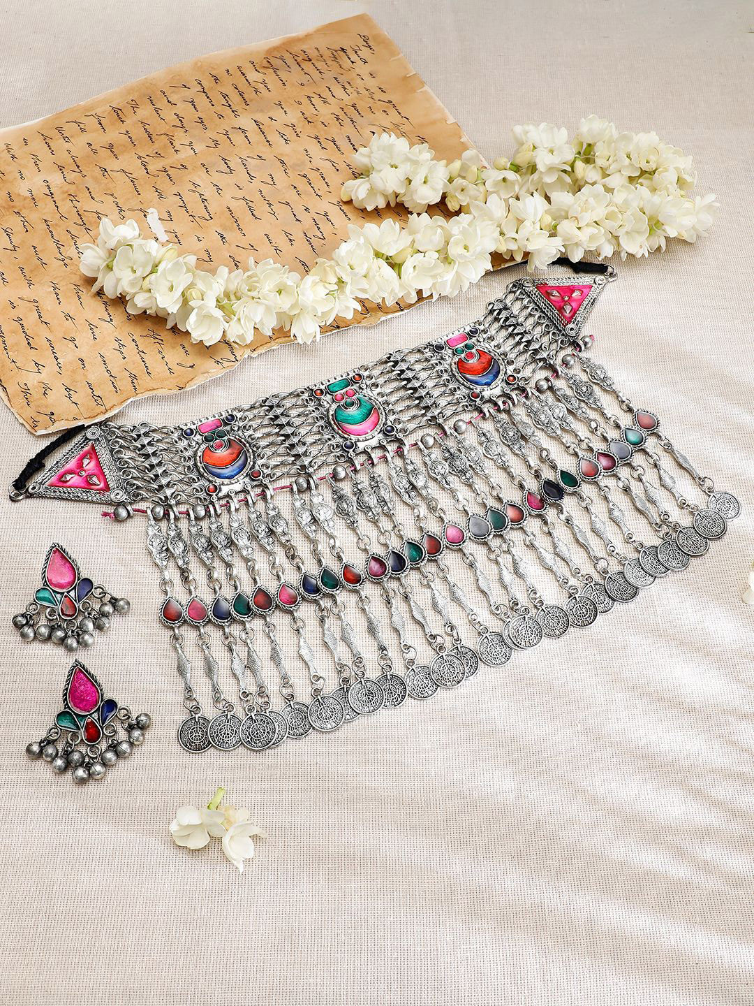 Rubans Oxidised Silver-Plated Multicolour Enamel Crescent Motif Coin Choker Necklace Set