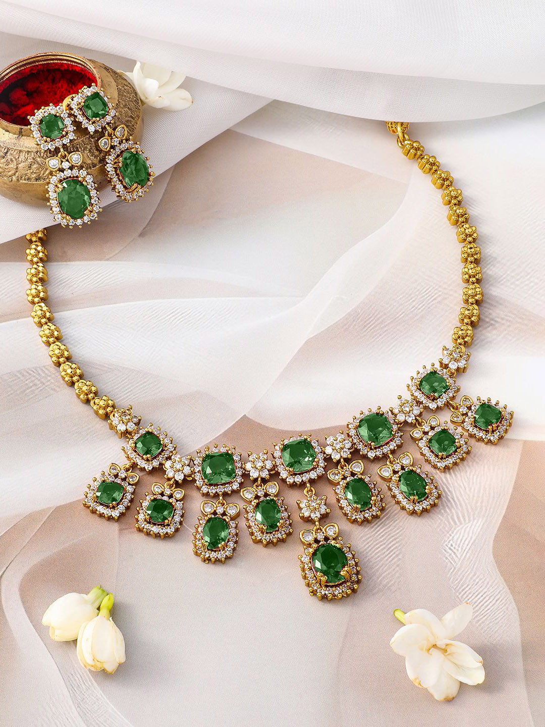Rubans 22K Gold-Plated Emerald Green Stone & Sparkling Cubic Zirconia Studded Necklace Set