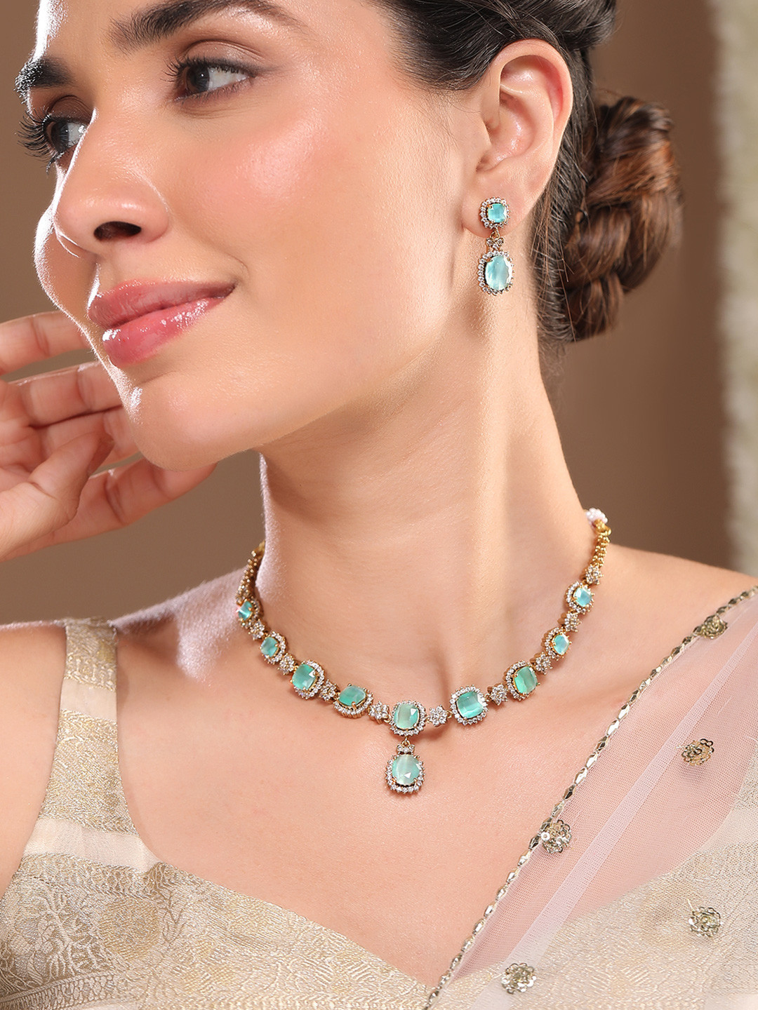 Rubans 22K Gold-Plated Aqua Green Stone & Cubic Zirconia Studded Necklace Set with Earring