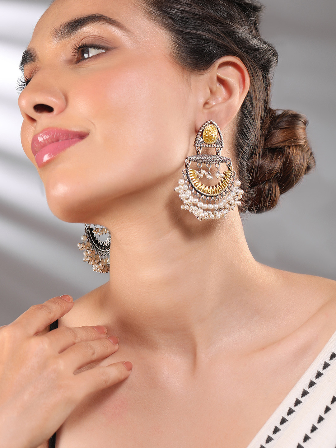 Rubans Oxidised Silver & Gold-Plated Dual-Tone Statement Chandelier with Pearl Drops