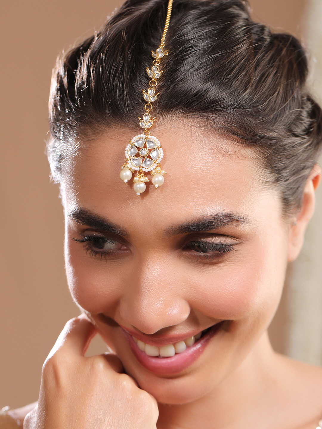 Rubans 18K Gold-Plated Kundan Studded Maang Tikka with Pearl Beads for Festive Looks