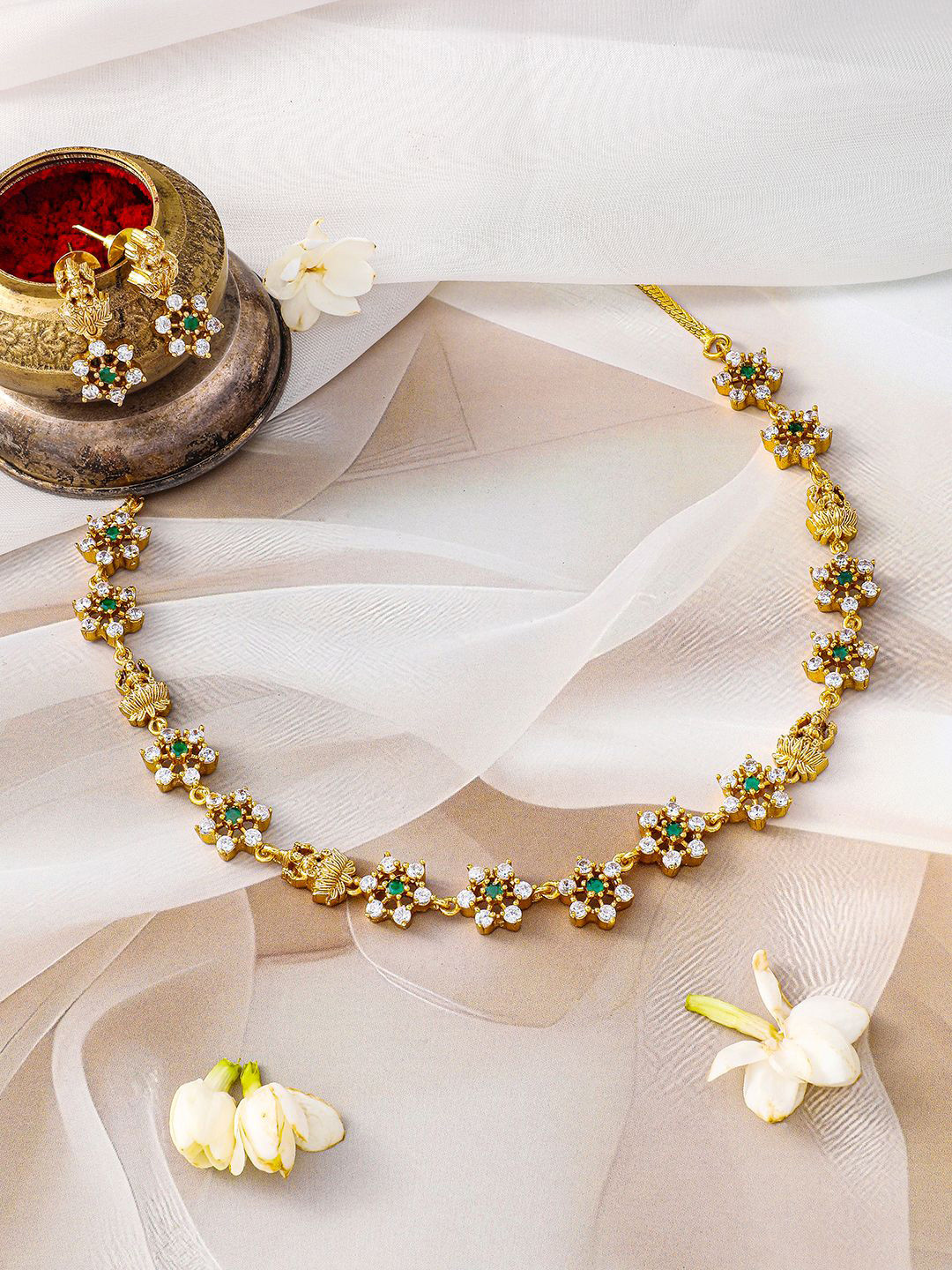 Rubans 22K Gold-Plated Temple Jewellery Set with Lakshmi Motif & Green CZ Floral Accents
