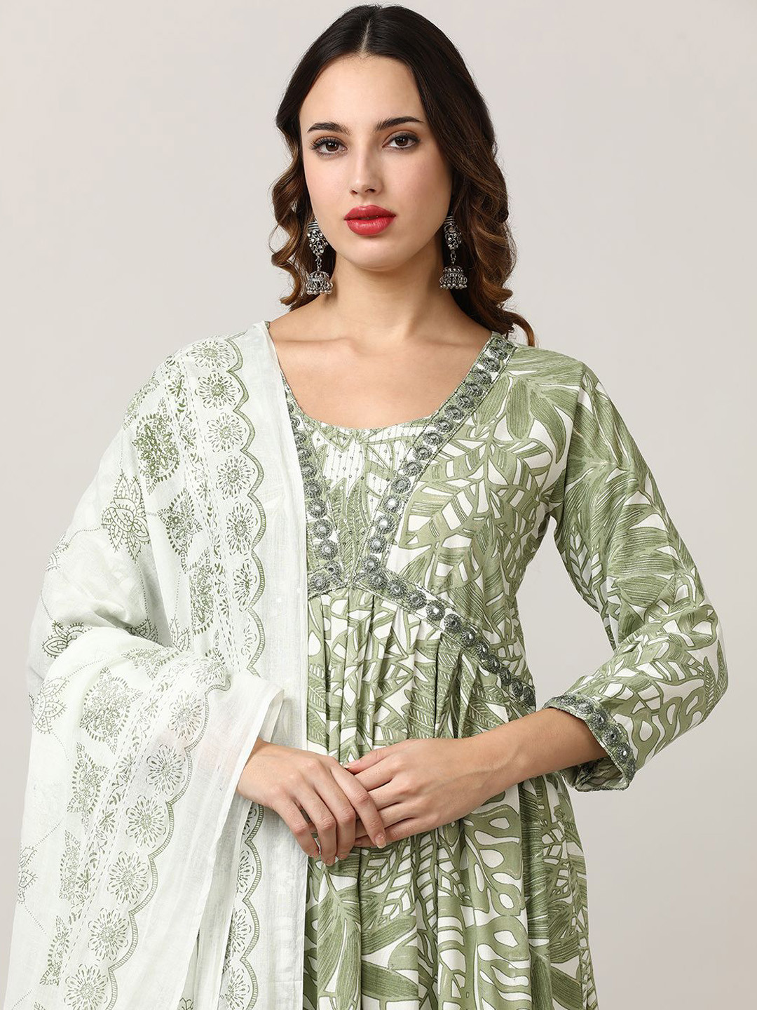Jaipur Kurti Women Floral Embroidered Angrakha Thread Work Kurta with Trousers & With Dupatta