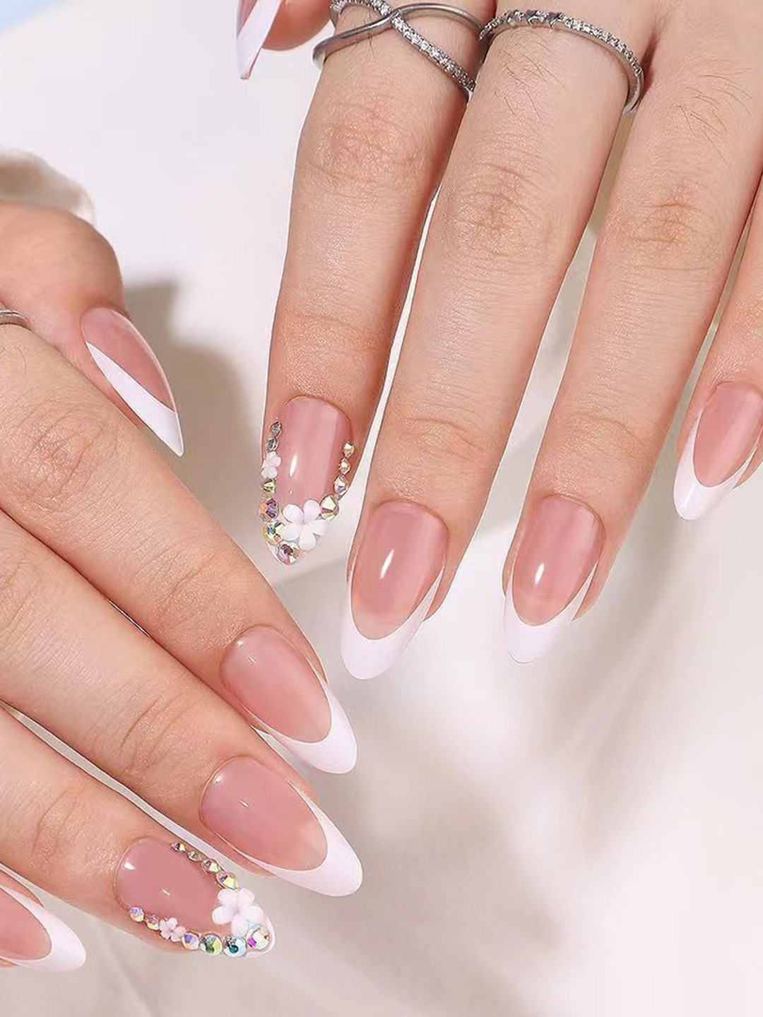 The Pink Truck Set Of 24 Stick On Reusable Rhinestones & Flower Artificial Nails- Cream