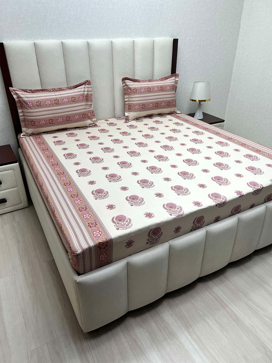 Pure Decor Royal Passion Cream Floral Cotton 220 TC Queen Fine Bedsheet with 2 Pillow Covers-90 x 100 inches
