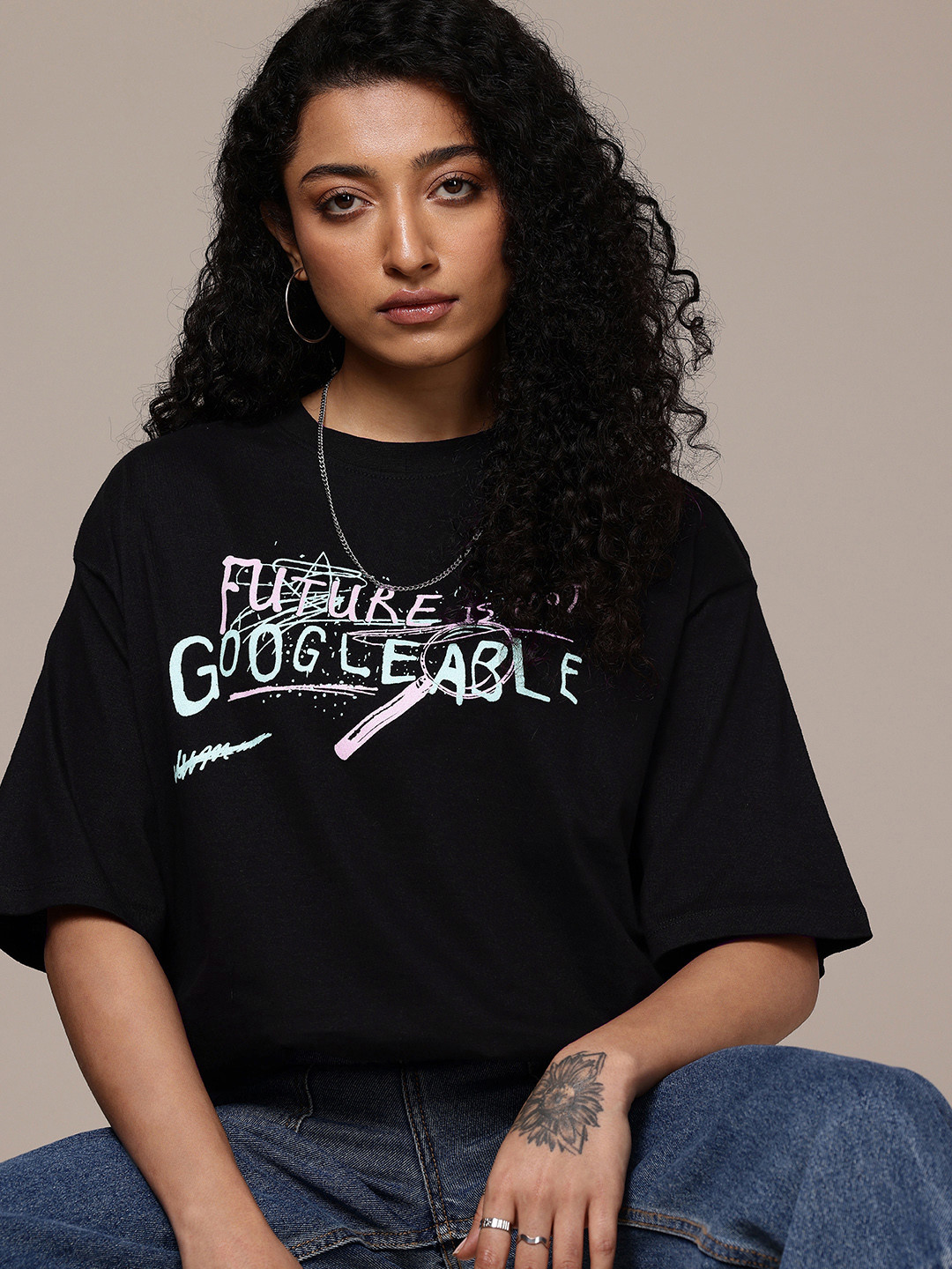 The Roadster Life Co. Printed Drop-Shoulder Sleeves Pure Cotton Oversized T-shirt