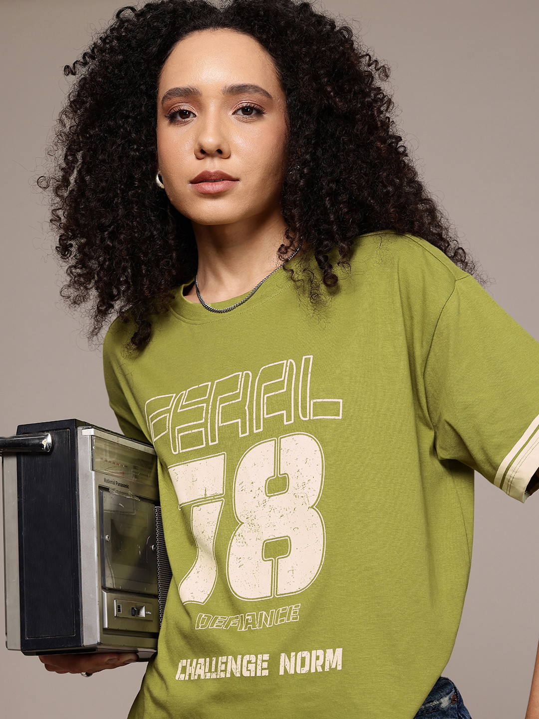 The Roadster Life Co. Varsity Printed Drop-Shoulder Sleeves Pure Cotton Oversized T-shirt