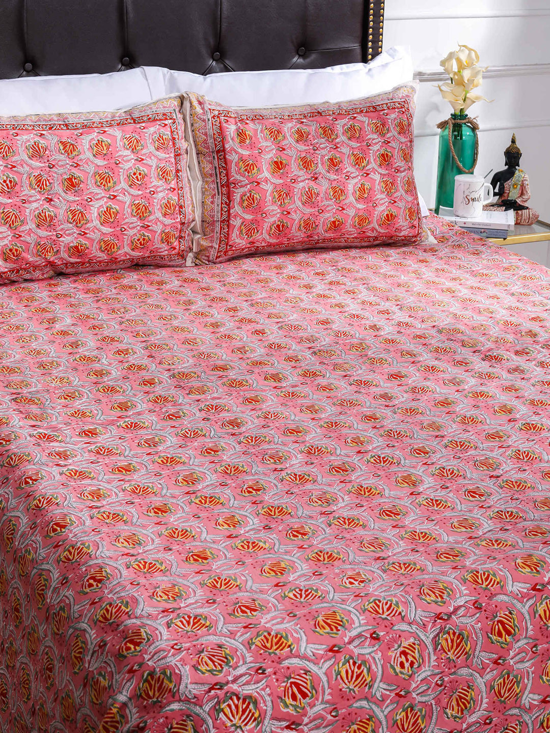 SHAHENAZ Kamal Pink Leaf Cotton 180 TC King Bedsheet with 2 Pillow Covers-106 x 89 inches