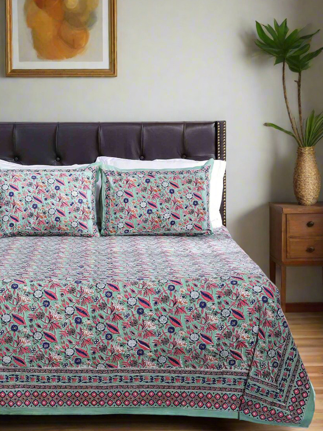 SHAHENAZ Blue Floral Cotton 220 TC Queen Bedsheet with 2 Pillow Covers-274.32 x 274.32 cm