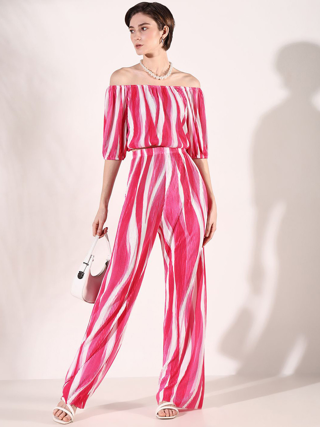 SHOWOFF Abstract Printed Off-Shoulder Neck Short Sleeves Top With Trouser