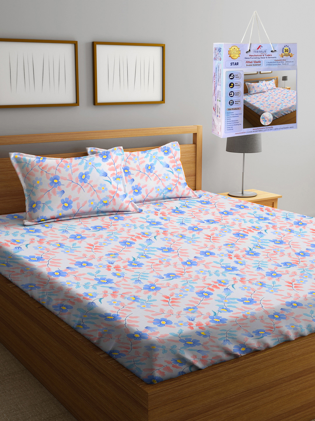 FABINALIV Porto Soft White Floral Polycotton Skin-Friendly 300 TC Fitted King Fine Bedsheet with 2 Pillow Covers-250 x 225 cm