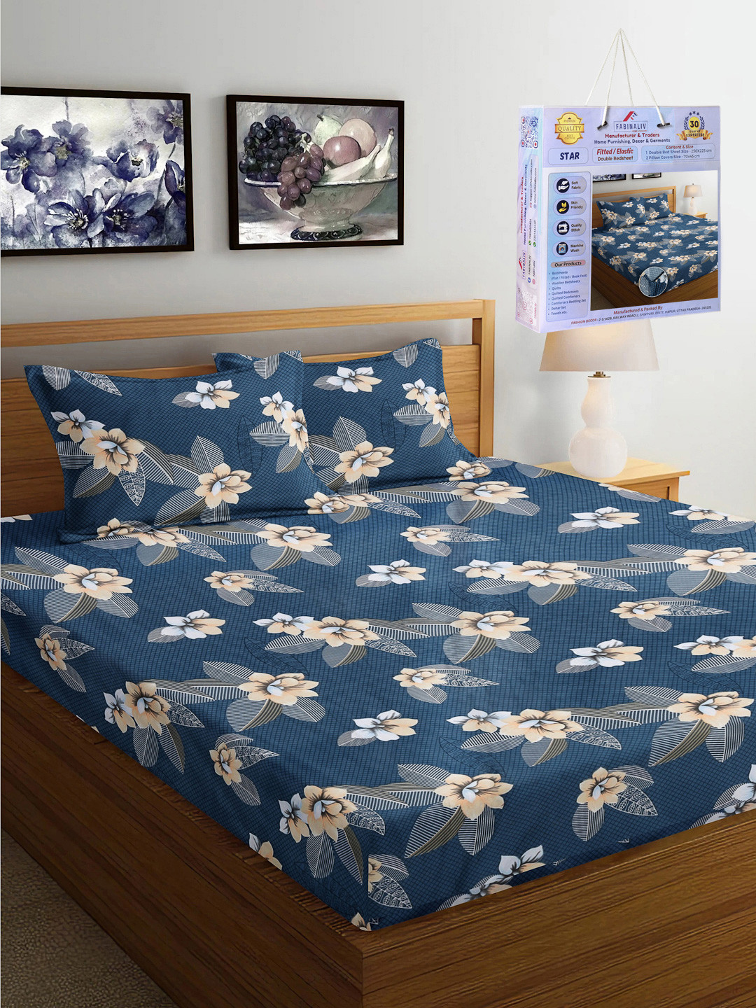 FABINALIV Blue & White Floral 300 TC Fitted King Bedsheet Set 2.50m X 2.25m