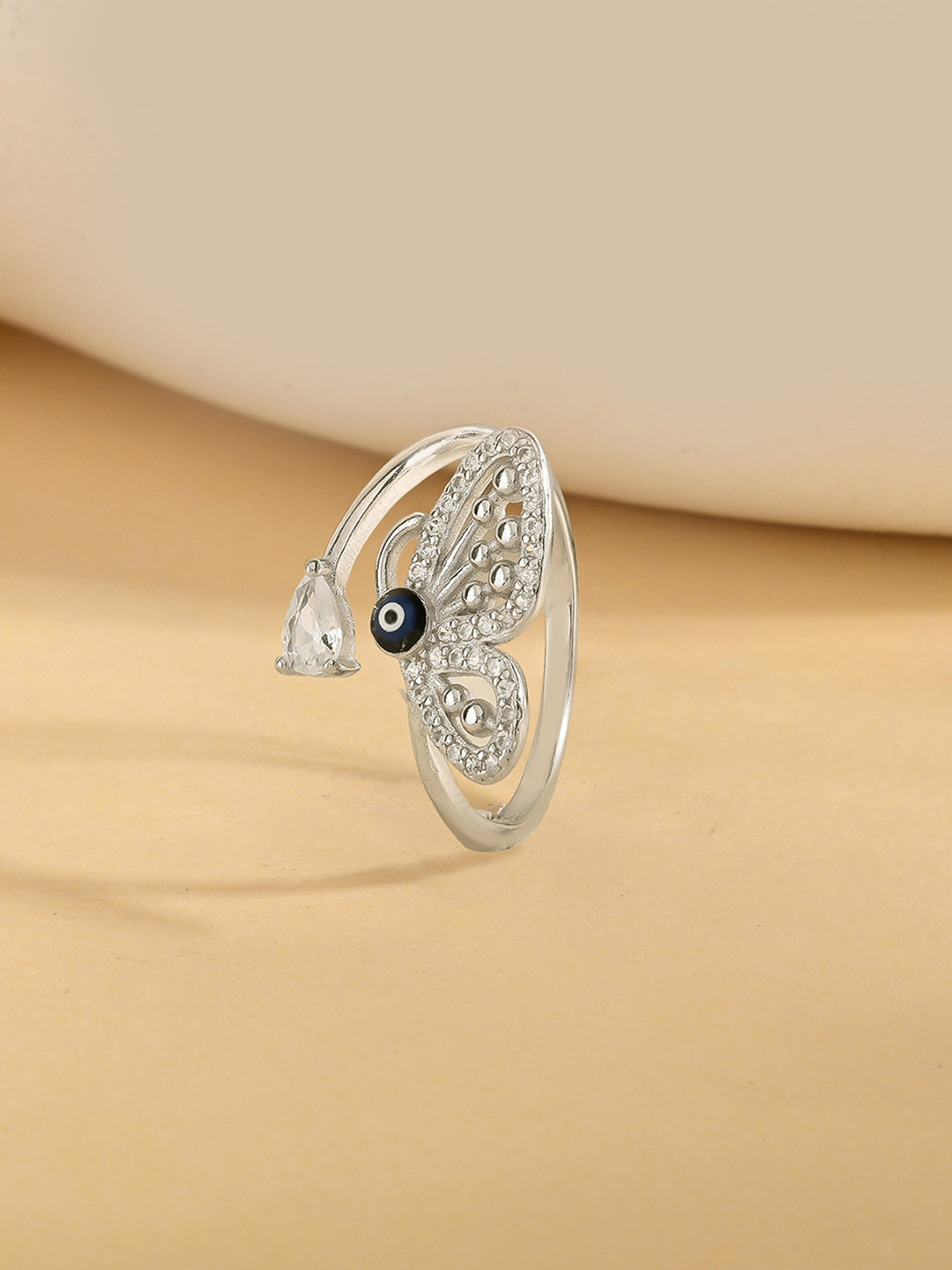 TOUCH925 Pure Silver Cubic Zirconia Stone Studded Evil Eye Butterfly Finger Ring