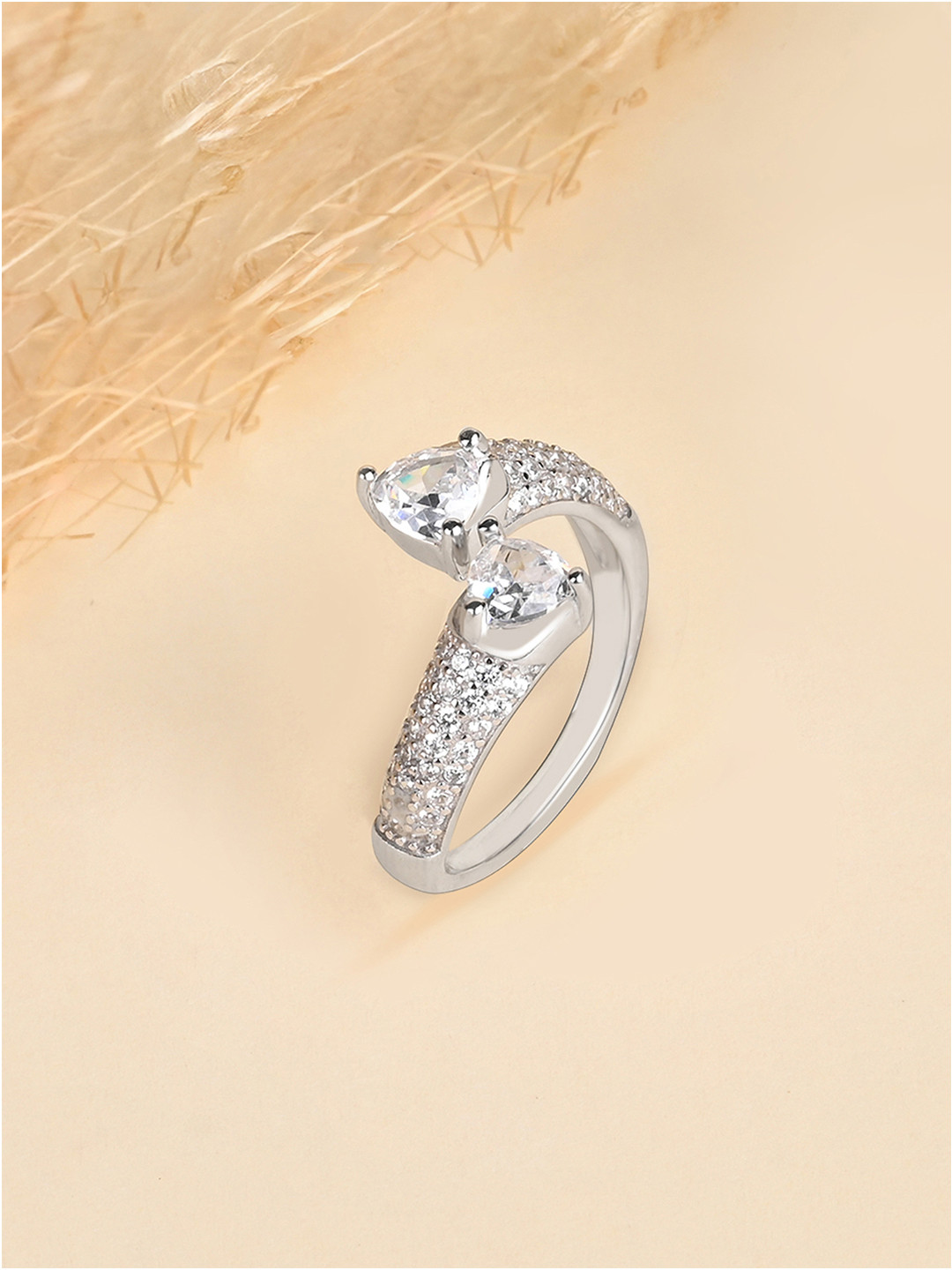 TOUCH925 Pure Silver Harmony Two Stone Cubic Zirconia-Studded Finger Ring