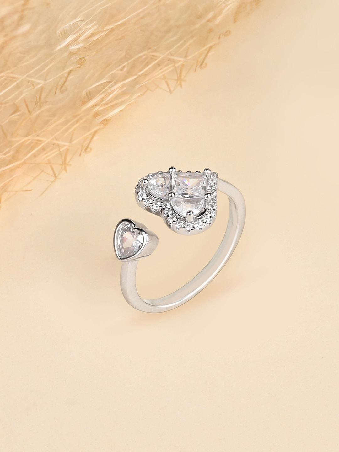 TOUCH925 925 Silver Two Heart Stone-Studded Adjustable Finger Ring