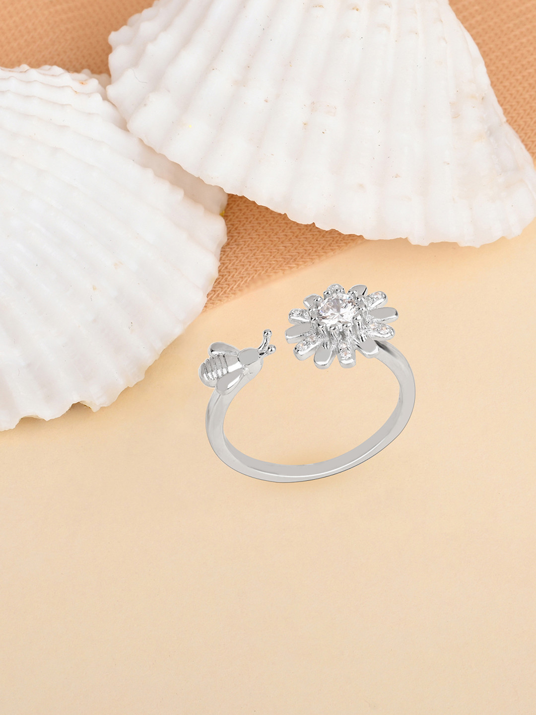 TOUCH925 Pure Silver Bloom & Bee Stone-Studded Adjustable Finger Ring