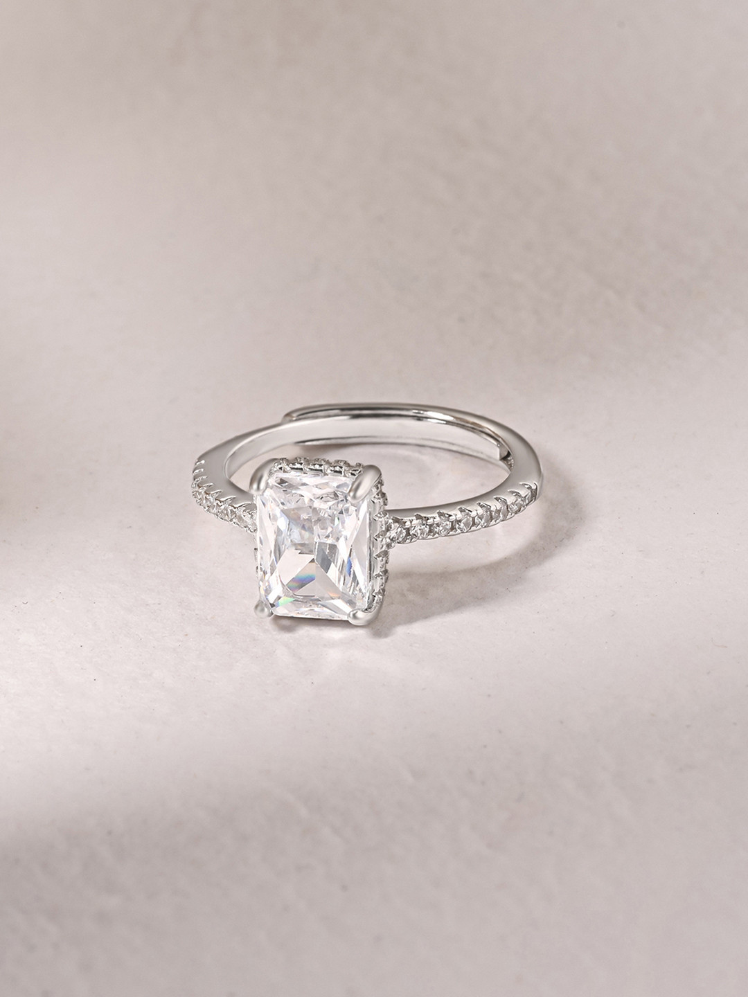 TOUCH925 Pure Silver Rectangular CZ-Studded Adjustable Finger Ring