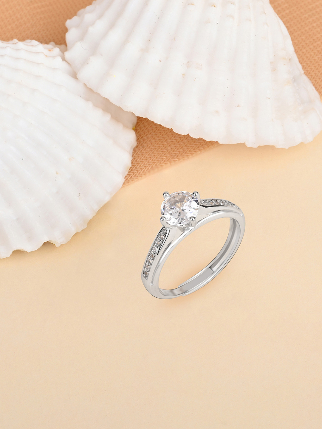 TOUCH925 Pure Silver Cubic Zirconia-Studded Spark Stone Adjustable Finger Ring