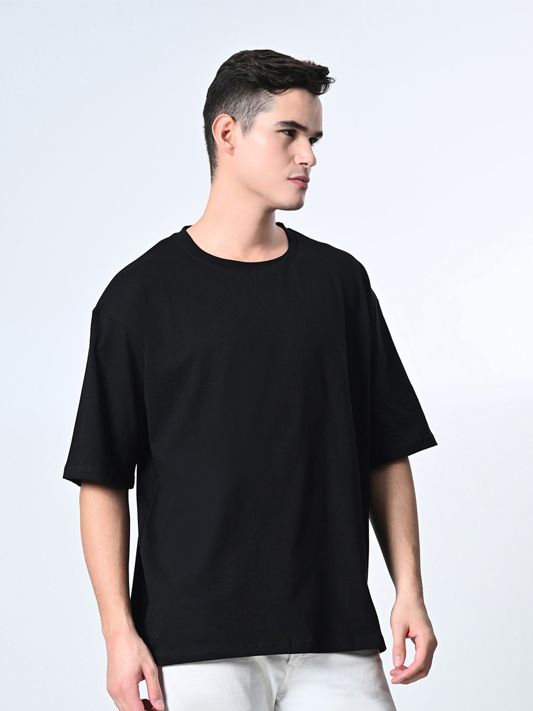 OWL MINK Black Round Neck Drop-Shoulder Cotton Oversized T-shirt