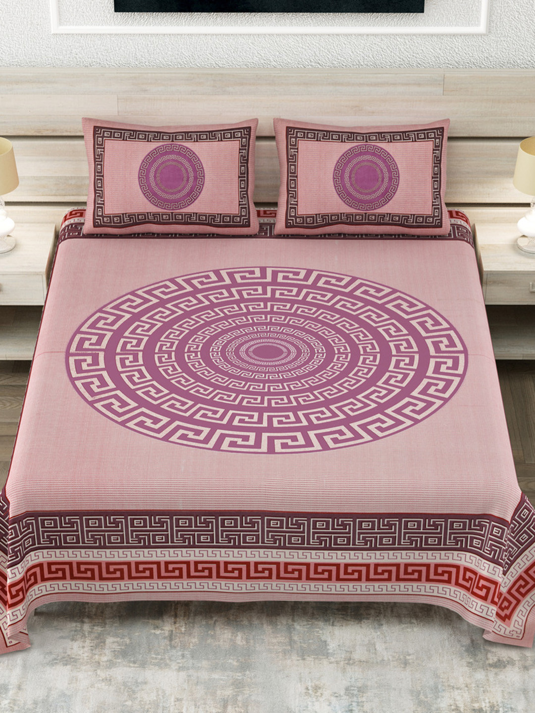JAIPUR FABRIC Pink & Brown Geometric 180 TC Pure Cotton King Bedsheet Set-2.54 m x 2.74 m