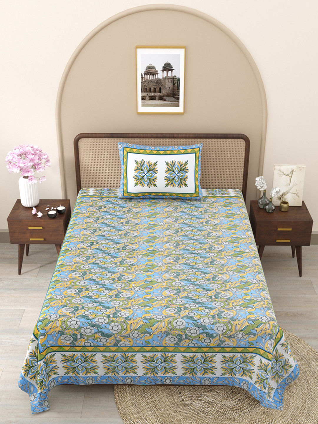 JAIPUR FABRIC Delightful Dales Blue Floral Cotton 240 TC Single Fine Bedsheet with a Pillow Cover-90 x 60 inches