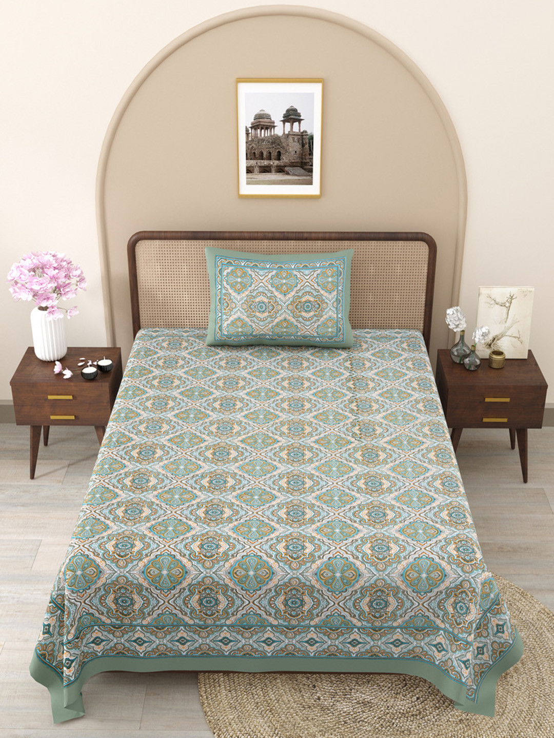 JAIPUR FABRIC Jade Harmony Olive Floral Pure Cotton 240 TC Single Fine Bedsheet with a Pillow Cover-90 x 60 inches