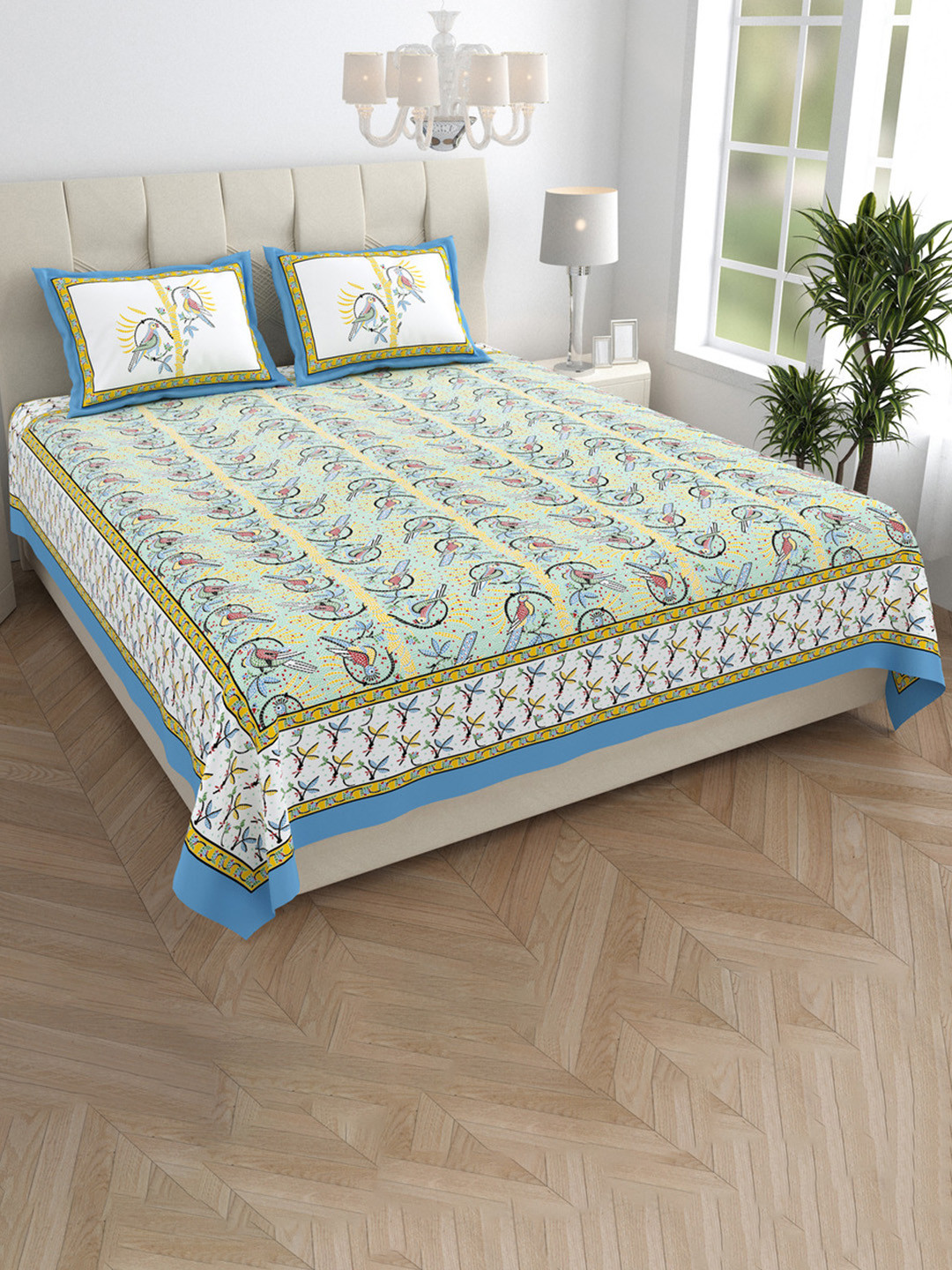 JAIPUR FABRIC Perky Parrots Green Floral Pure Cotton 240 TC King Fine Bedsheet with 2 Pillow Covers-108 x 90 inches