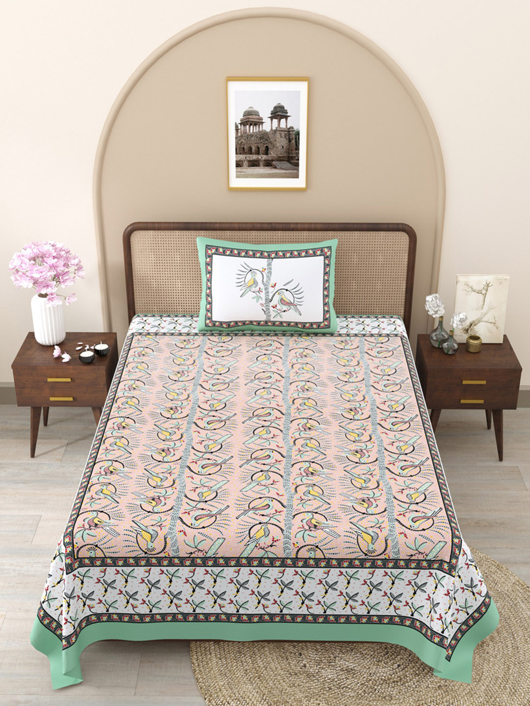 JAIPUR FABRIC Perky Parrots Green Floral Pure Cotton 240 TC Single Fine Bedsheet with a Pillow Cover-228 x 152 cm