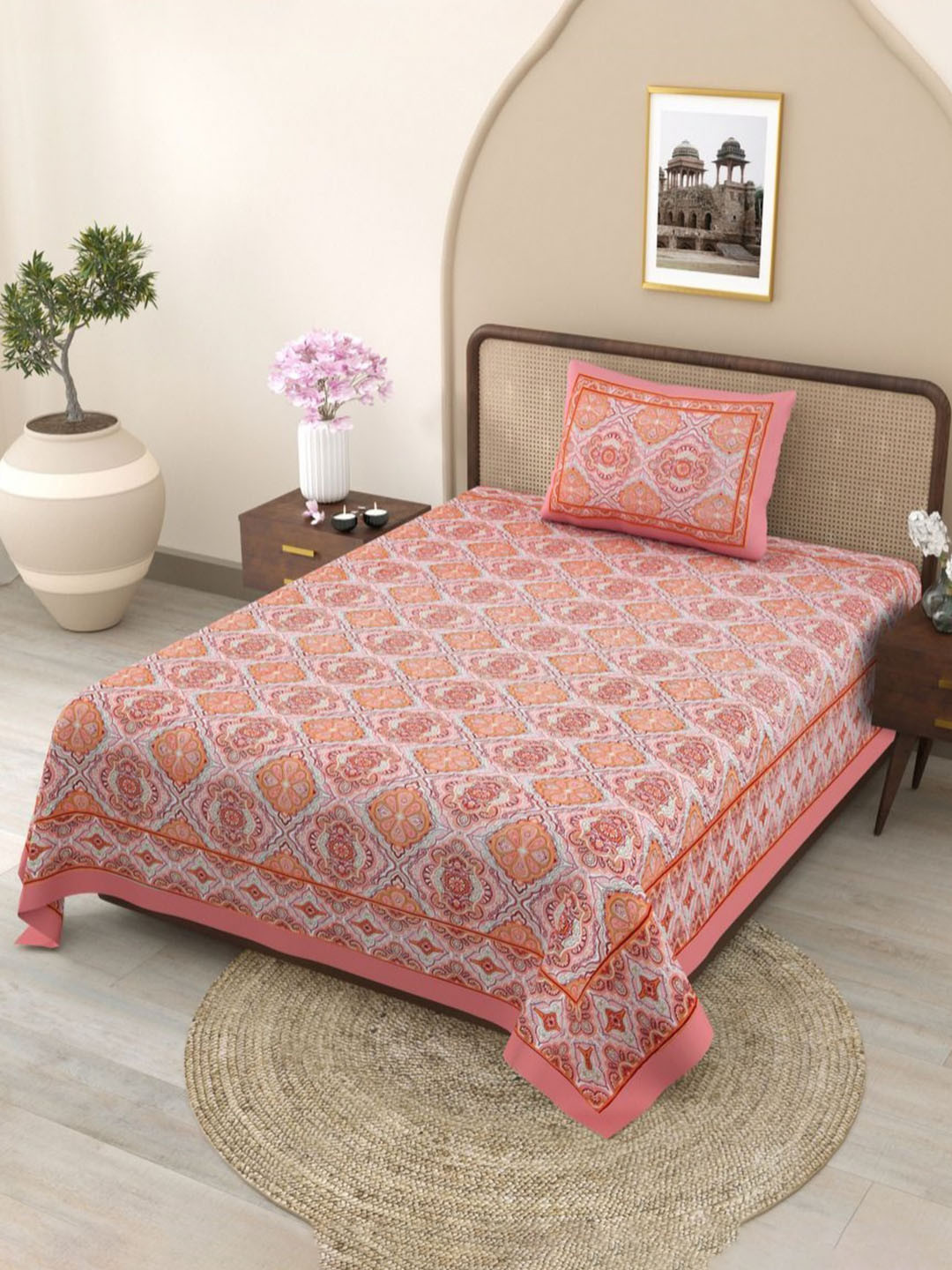 JAIPUR FABRIC Ember Petals Orange Floral Pure Cotton 240 TC Single Fine Bedsheet with a Pillow Cover-90 x 60 inches