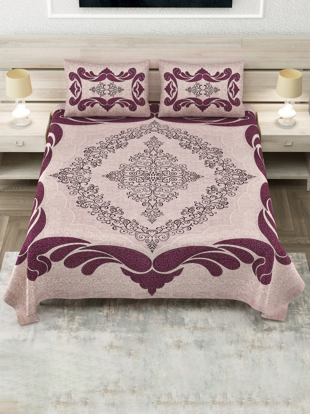 JAIPUR FABRIC Pink & Burgundy Geometric 180 TC King Bedsheet with 2 Pillow Covers